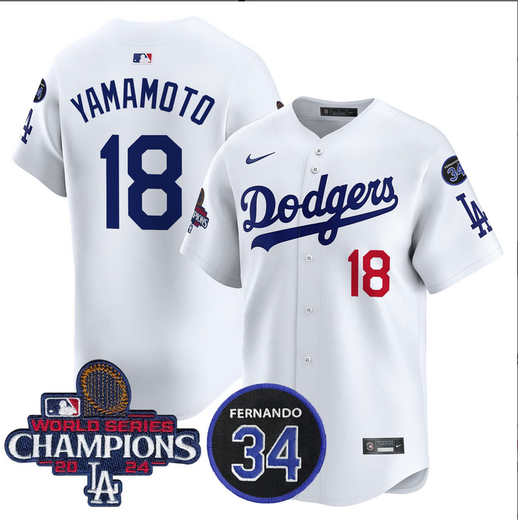 Men MLB Los Angeles Dodgers #18 Yamamoto white 2024 World Series Champions Patch Limited Jersey->los angeles dodgers->MLB Jersey